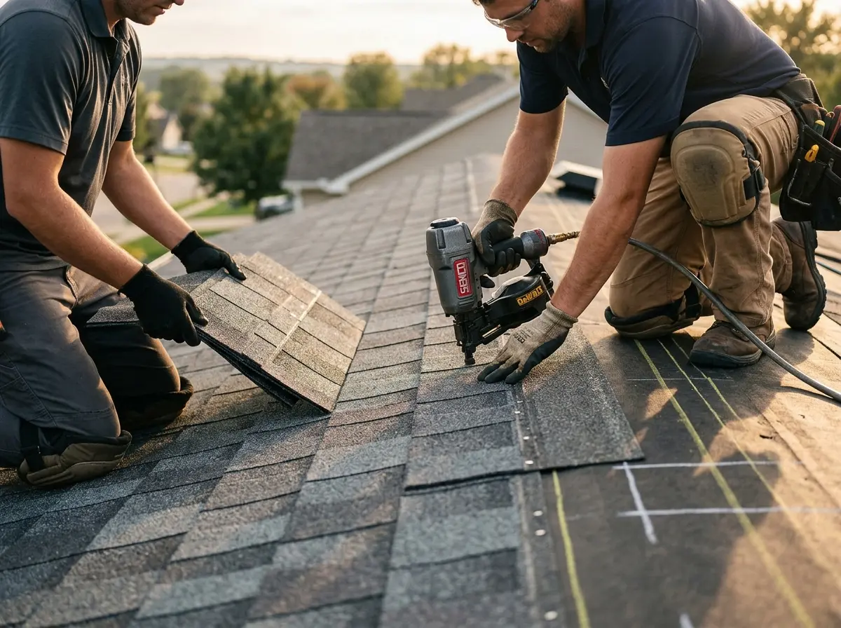 Professional roofer working on a residential roof in Chesapeake Beach
